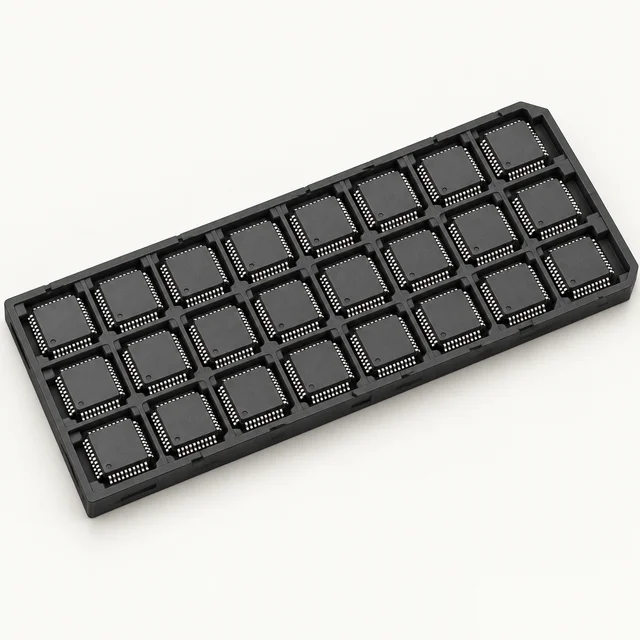 Illustration of unbranded electronic components seated in a shallow matrix tray