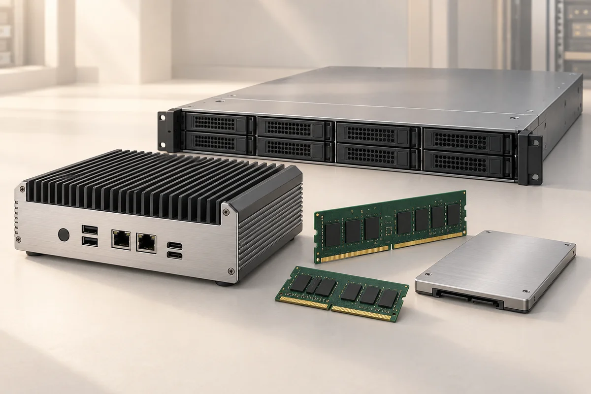 Illustration of a rack server, fanless embedded computer, memory modules, and solid-state drive arranged together