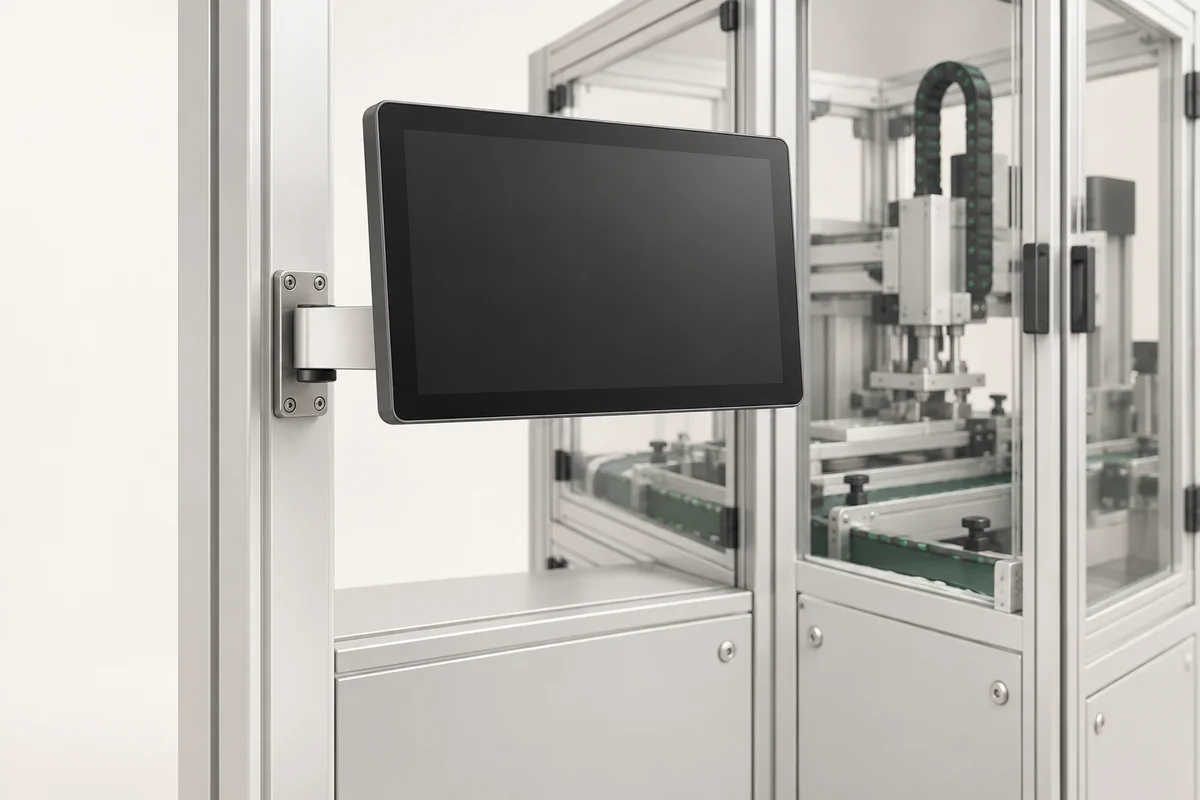 Illustration of an industrial HMI display mounted beside a modern automated production enclosure