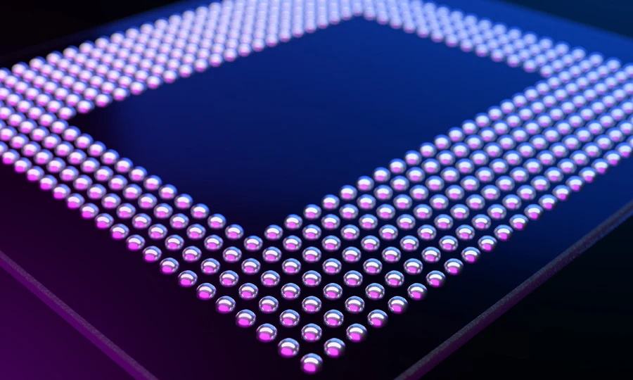 Close-up of the solder-ball side of an LPDDR memory package, from Micron
