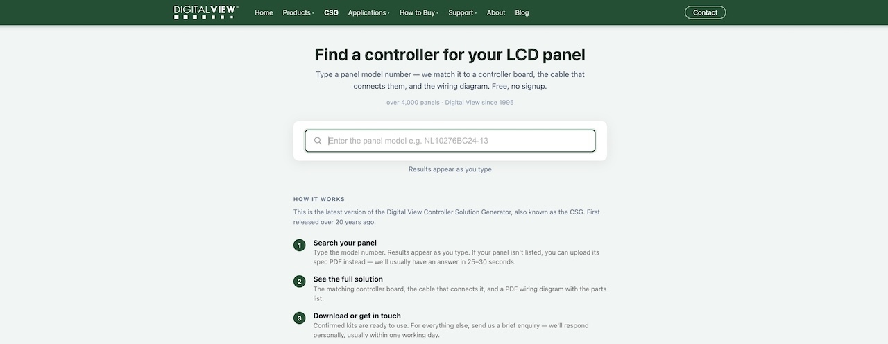 The relaunched Digital View Controller Solution Generator. Search for an LCD panel model to find its matching controller board, cable and wiring diagram.